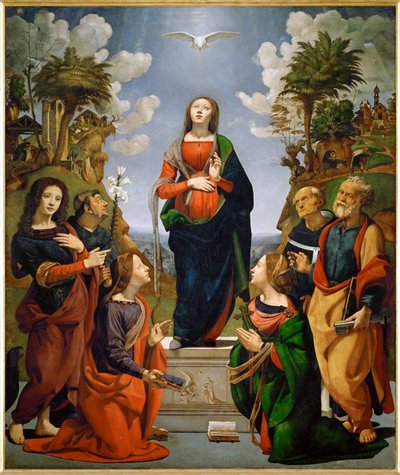 Niepokalane Poczęcie z sześcioma świętymi (olej na drewnie) autorstwa Piero di Cosimo