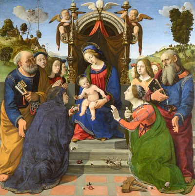 Madonna z Dzieciątkiem na tronie ze świętymi Piotrem, Janem Ewangelistą, Elżbietą Węgierską (), Katarzyną Aleksandryjską i aniołami autorstwa Piero di Cosimo