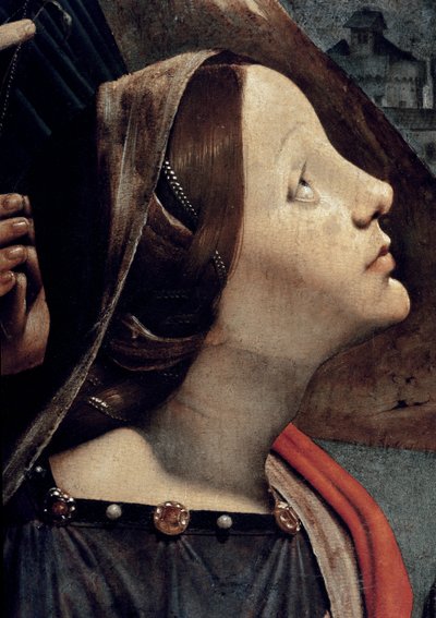 Św. Katarzyna Aleksandryjska, fragment Matki Boskiej z Dzieciątkiem na tronie w otoczeniu świętych (olej i tempera na desce, ok. 1493) autorstwa Piero di Cosimo