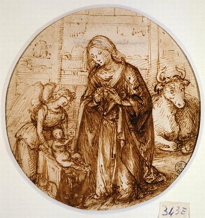 Adoracja Dzieciątka (pióro i atrament na papierze) autorstwa Piero di Cosimo