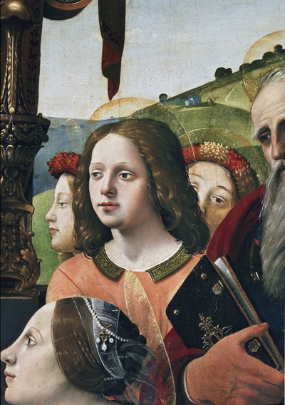 Dziewica z Dzieciątkiem na tronie w otoczeniu świętych, detal (olej i tempera na desce, ok. 1493) autorstwa Piero di Cosimo