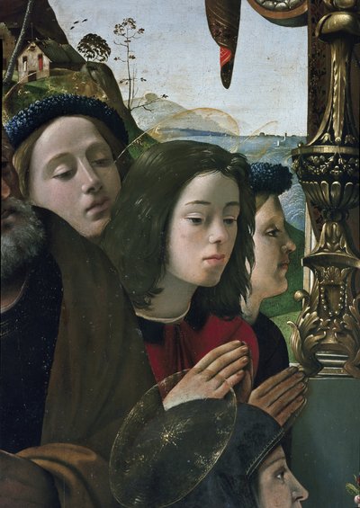 Dziewica z Dzieciątkiem na tronie w otoczeniu świętych, detal (olej i tempera na desce, ok. 1493) autorstwa Piero di Cosimo