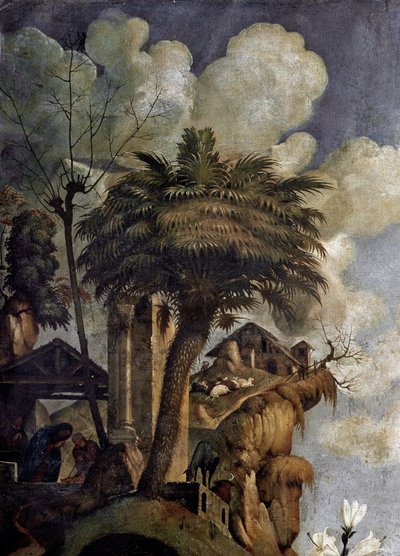 Dziewica z Dzieciątkiem na tronie w otoczeniu świętych, detal (olej i tempera na desce, ok. 1493) autorstwa Piero di Cosimo