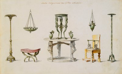 Różne wazony, meble, ołtarze i statywy odkryte w Herkulanum (pióro i atrament oraz w/c na papierze) autorstwa Pierre Adrien Paris