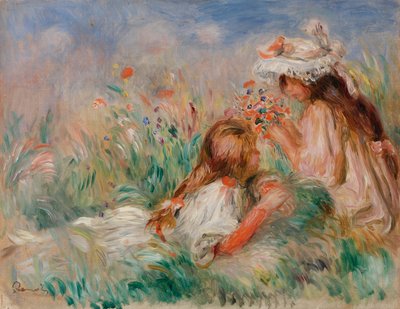 Dziewczęta w trawie układające bukiet autorstwa Pierre-Auguste Renoir