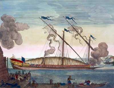 Królewska galera (hiszpańska lub portugalska) wiosłowana przez niewolników, strzelająca sygnałem, z „Le Neptune Francois”, ok. 1693-1700 (ręcznie grawerowany kolor) autorstwa Pierre (1661 1711) Mortier