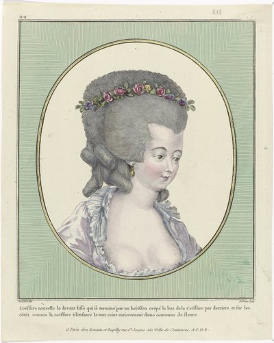 Fryzury, pufy, czapki i czepki: jedenaście fryzur i nakryć głowy Galeria Francuskich Mód i Kostiumów, 1781, oo 218: Nowa Coëffure przód (...) autorstwa Pierre Adrien Le Beau