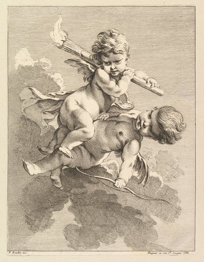 Dwa amorki, jeden niosący pochodnię, drugi łuk, 1727-60. autorstwa Pierre Alexandre Aveline