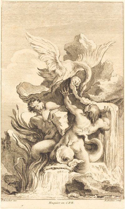 Dwa trytony i łabędź w roku 1736 lub później. autorstwa Pierre Alexandre Aveline