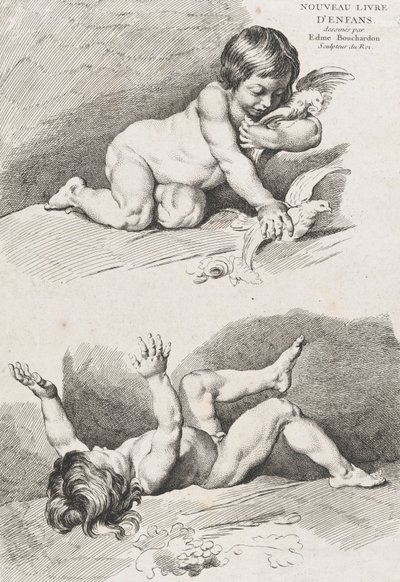 Dwoje nagich dzieci bawiących się liściem, z Nowej Księgi Dzieci, 1720-60. autorstwa Pierre Alexandre Aveline