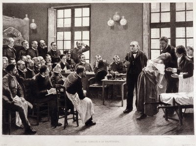 Wykład kliniczny dr Charcota w Salpettière w 1887 r. Studenci z wydziału profesora Jeana Martina Charcota, który wyjaśnia przypadek Blanche Wittman, jego pacjentki i świnki morskiej, wolą jej badania nad histerią. Był asystentem Jo autorstwa Pierre Andre (after) Brouillet