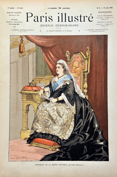 Portret Wiktorii Iere, królowej Anglii (1819-1901) autorstwa Andre Brouilleta, Rycina z 1887 r. w „Tygodniku Paris-Illustrous””. autorstwa Pierre Andre Brouillet