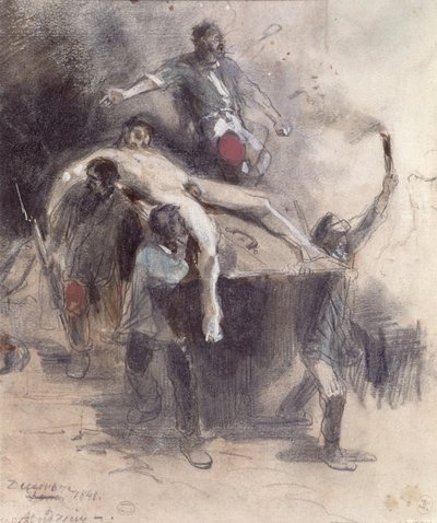 Mężczyźni wynoszący zwłoki, 23 lutego 1848 (gwasz) autorstwa Pierre Andrieu