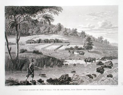 Nowa Południowa Walia, Nowa Holandia: Widok rzeki Cox w zachodniej części Gór Błękitnych, z "Voyage Autour du Monde (1817-20)", autorstwa Louis Claude Desaulses de Freycinet (1779-1842) rytowany przez Schroedera, wydany 1822-24 (litho) autorstwa Pierre Antoine (after) Marchais