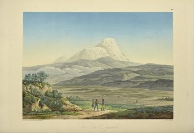 Widok Cajambe, wygrawerowany przez Bouquet, ilustracja z „Widoki Kordylierów i pomników rdzennych ludów Ameryki” autorstwa Alexandra von Humboldta i Aime Bonpland autorstwa Pierre Antoine (after) Marchais