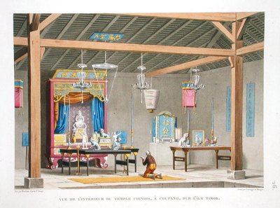 Widok wnętrza chińskiej świątyni w Kupang na wyspie Timor z „Voyage autour du Monde (1817-20)”, autorstwa Louisa Claude