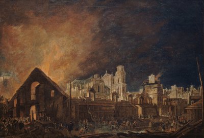 Foire Saint-Germain po pożarze w nocy z 16 na 17 marca 1762, 1762. autorstwa Pierre Antoine Demachy