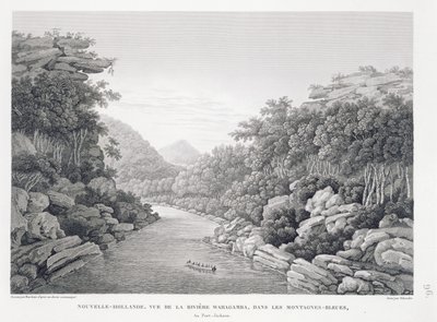 Nowa Holandia: Widok na rzekę Warragamba w Górach Błękitnych, z „Voyage Autour du Monde (1817-20)”, Louis Claude De Saulces de Freycinet (1779-1842) rytowany przez Schroedera, opublikowany 1822-24 (li autorstwa Pierre Antoine Marchais