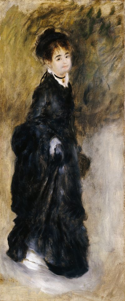 Młoda kobieta, pełna długość, trzymająca spódnicę, 1877 autorstwa Pierre Auguste Renoir
