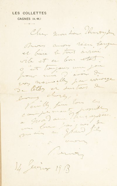 List z autografem podpisany do dr. Fritza Thurneyssena, Paryż i Les Collettes, 24 czerwca 1908 r. autorstwa Pierre Auguste Renoir