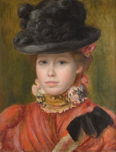 Dziewczyna w czarnym kapeluszu z czerwonymi kwiatami, ok. 1900 r. 1890 autorstwa Pierre Auguste Renoir