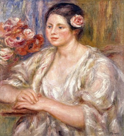 Madeleine w białej bluzce i bukiecie kwiatów, ok. 1915-1919 autorstwa Pierre Auguste Renoir