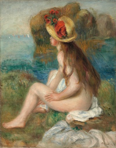 Akt w słomkowym kapeluszu nad morzem, 1892 autorstwa Pierre Auguste Renoir
