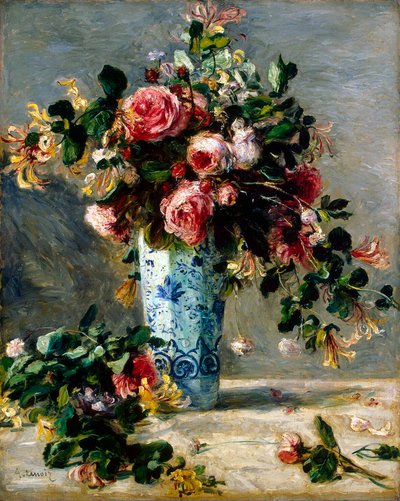Róże i jaśmin w wazonie Delft, 1880-1881. autorstwa Pierre Auguste Renoir