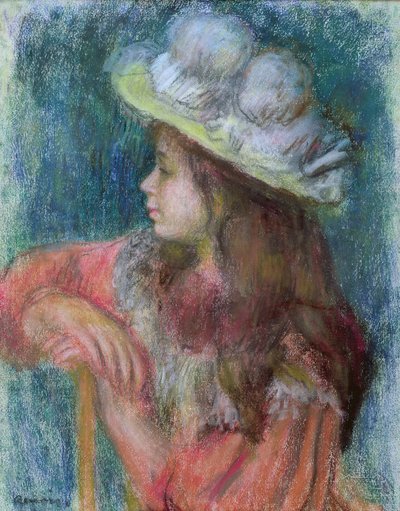 Siedząca młoda dziewczyna w białym kapeluszu, 1884 (pastel na papierze) autorstwa Pierre Auguste Renoir