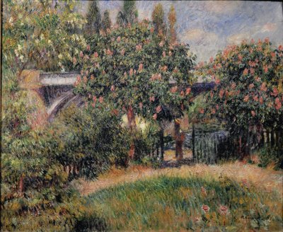 Most kolejowy w Chatou lub różowe kasztany - 1881. Olej na płótnie autorstwa Pierre Auguste Renoir