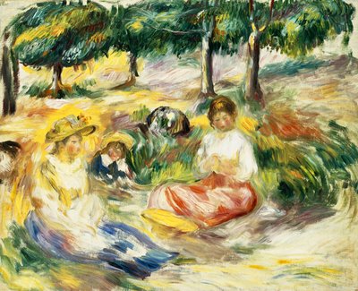 Trzy dziewczyny siedzące na trawie; Trzy młode dziewczyny siedzące na trawie, 1896-1897 autorstwa Pierre Auguste Renoir