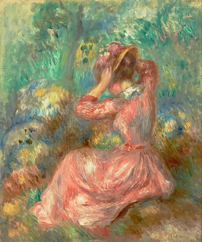 Kobieta układająca kapelusz 1890 (olej na płótnie) autorstwa Pierre Auguste Renoir