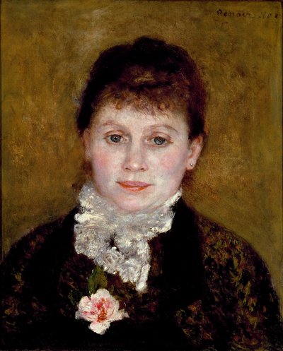 Kobieta ma biały kołnierzyk. Portret kobiety z różą autorstwa Pierre Auguste Renoir