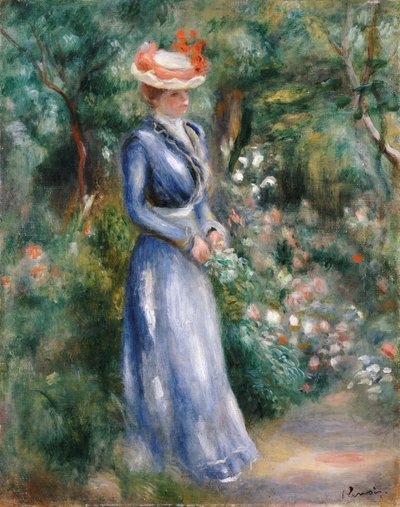 Kobieta w niebieskiej sukience stojąca w ogrodzie w Saint-Cloud autorstwa Pierre Auguste Renoir