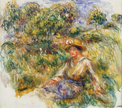 Kobieta w niebieskim kapeluszu siedzi na trawie; Kobieta ubrana na niebiesko w kapeluszu siedząca na trawie, ok. 1916 r. autorstwa Pierre Auguste Renoir