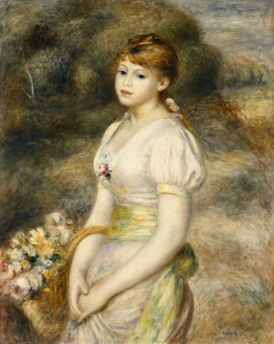 Młoda dziewczyna niosąca kosz kwiatów; Młoda dziewczyna niosąca kosz kwiatów, 1888 autorstwa Pierre Auguste Renoir