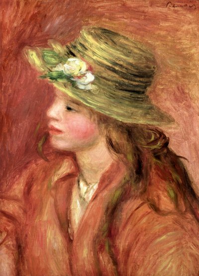 Młoda dziewczyna w słomkowym kapeluszu, ok. 1908 r. autorstwa Pierre Auguste Renoir