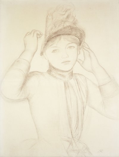 Młoda kobieta organizując jej kapelusz; Młoda dziewczyna układa kapelusz, c.1885 autorstwa Pierre Auguste Renoir