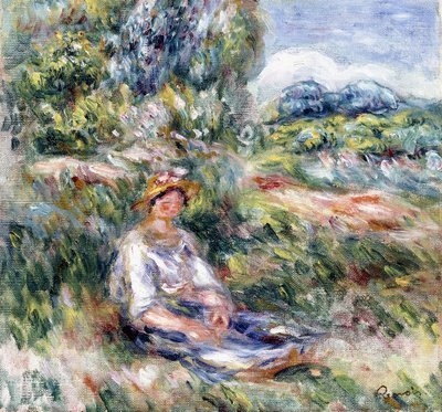 Młoda kobieta siedząca na łące, autorstwa Pierre Auguste Renoir