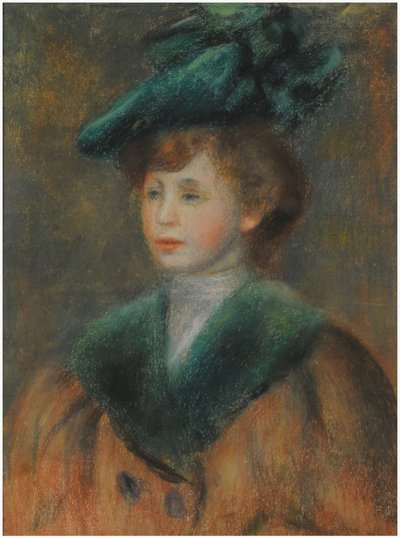 Młoda kobieta w zielonym kapeluszu (pastel na papierze) autorstwa Pierre Auguste Renoir