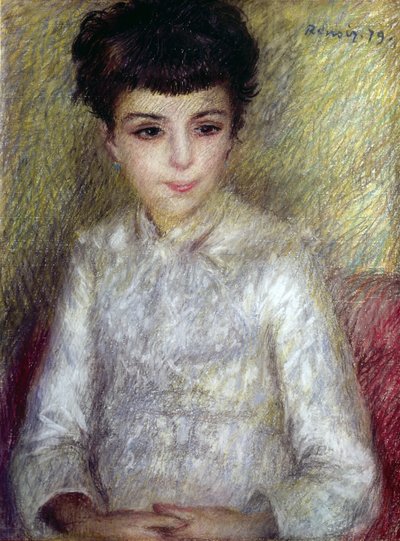 Młoda brunetka dziewczyna siedzi ze skrzyżowanymi rękami autorstwa Pierre Auguste Renoir