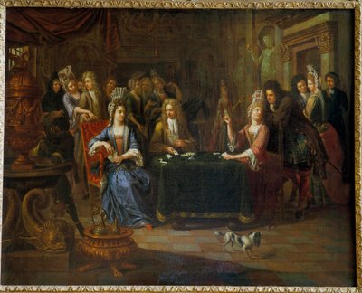 Gracze w karty Nobles grają w karty w salonie. Obraz Pierre Bergaigne (1652-1708) 1699 Arras, Musee Des Beaux Arts autorstwa Pierre Bergaigne