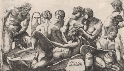 Osiem satyrów i satyres kończących posiłek, 1607-61. autorstwa Pierre Biard