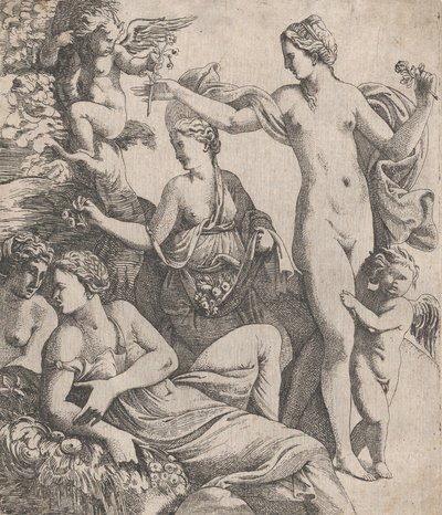 Wenus, stojąca z trzema Gracjami, otrzymuje kwiat z putta, 1607-61. autorstwa Pierre Biard