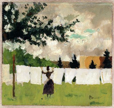Kobieta wisząca ubrania, ok. 1892 (olej na papierze na desce) autorstwa Pierre Bonnard