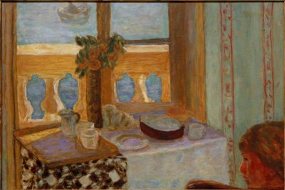 Wnętrze na balkonie / Jasne wnętrze / Kobieta przy oknie / Okno otwarte na morze (Antibes) autorstwa Pierre Bonnard