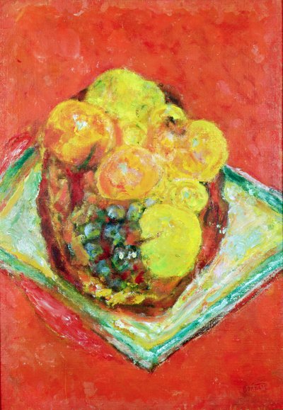Brzoskwinie i winogrona na czerwonym obrusie, ok. 1943 (olej na płótnie) autorstwa Pierre Bonnard
