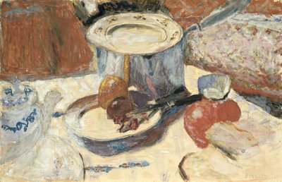 Martwa natura z rondelkiem, 1930 (gwasz i toaleta na papierze) autorstwa Pierre Bonnard