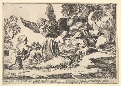 Anioły dające owoce śpiącej Świętej Rodzinie, 1610-42. autorstwa Pierre Brebiette
