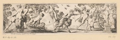 Satyr strzela strzałą w posąg Bachusa, podczas gdy Merkury się przygląda autorstwa Pierre Brebiette